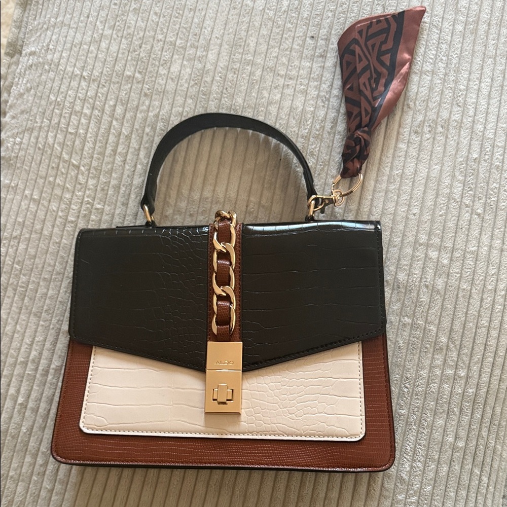Aldo Black, Brown, and Cream Satchel with Gold Chain